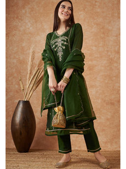 KVS FAB - Green V-Neck Straight Kurta with Pant and Dupatta (Set of 3)