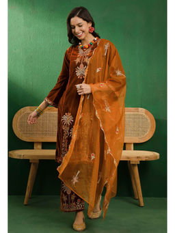 KVS FAB - Brown Zari Embroidered Velvet Kurta with Pant and Dupatta (Set of 3)