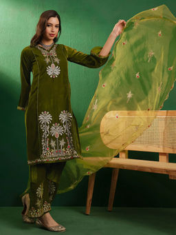 KVS FAB - Olive Green Zari Embroidered Velvet Kurta with Pant and Dupatta (Set of 3)