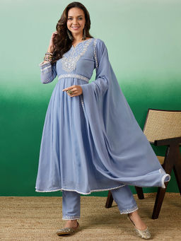 KVS FAB - Blue Embroidered Anarkali Kurta with Pant and Dupatta (Set of 3)