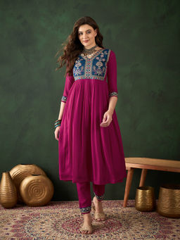 KVS FAB - Pink Floal Embroidered A-Line Kurta with Pant (Set of 2)