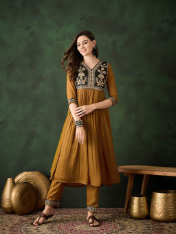 KVS FAB - Yellow Floral Embroidered A-Line Kurta with Pant (Set of 2)