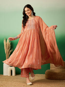 KVS FAB - Peach Floral Embroidered A-Line Kurta with Pant and Printed Dupatta (Set of 3)