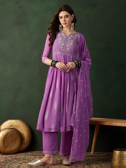 KVS FAB - Lavender Printed Notch Neck A-Line Kurta with Pant and Dupatta (Set of 3)