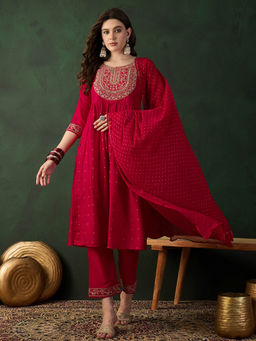 KVS FAB - Pink Floral Embroidered Sequin A-Line Kurta with Pant and Dupatta (Set of 3)