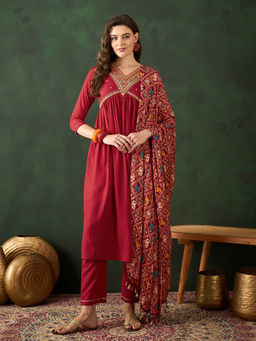 KVS FAB - Maroon Embroidered V-Neck A-Line Kurta with Pant and Bandhani Dupatta (Set of 3)