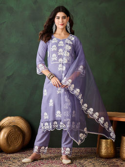 KVS FAB - Lavender Thread Work Straight Kurta with Pant and Dupatta (Set of 3)