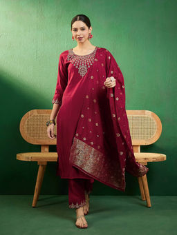 KVS FAB - Maroon Embroidered Straight Kurta and Pant with Dupatta (Set of 3)