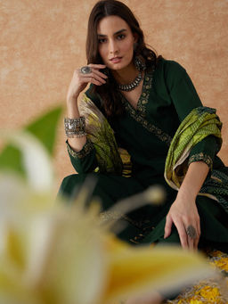 KVS FAB - Green Sequined Embroidered Angrakha Kurta with Pant and Dupatta (Set of 3)