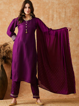 KVS FAB - Purple Solid Round Neck Kurta with Trousers and Printed Dupatta (Set of 3)