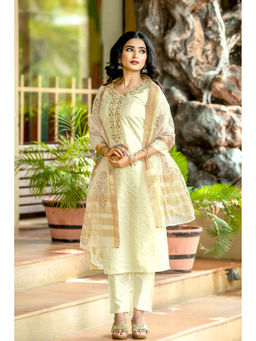 WEAVLLITE - Cream Silk Blend Checks Embroidered Kurta with Pant and Dupatta (Set of 3)