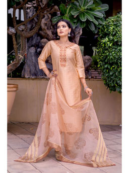 WEAVLLITE - Peach Silk Blend Checks Embroidered Kurta with Pant and Dupatta (Set of 3)