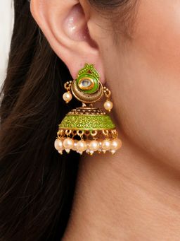 Karatcart - Antique Gold Plated Polki Kundan Studded Light Green Meena Jhumki Earrings for Women