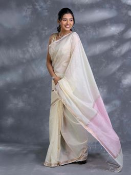 Pallu Patari - Off White Women Chanderi Mulmul Saree with and Unstitched Blouse