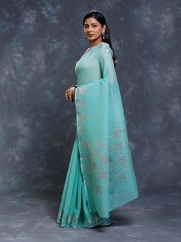 Pallu Patari - Blue Women Kota Saree with Zari Weaving and Unstitched Blouse