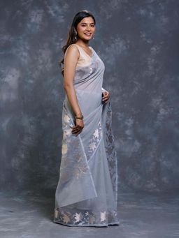 Pallu Patari - Grey Women Kota Saree with Zari Weaving and Unstitched Blouse