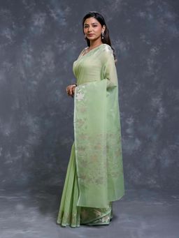 Pallu Patari - Green Women Kota Saree with Zari Weaving and Unstitched Blouse