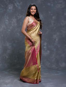 Pallu Patari - Pink Women Tanchui Tissue Saree with Unstitched Blouse