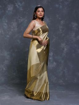 Pallu Patari - Gold Women Tanchui Tissue Saree with Unstitched Blouse
