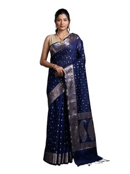 Pallu Patari - Blue Women Zari Woven Mulmul Cotton Saree With Unstitched Blouse