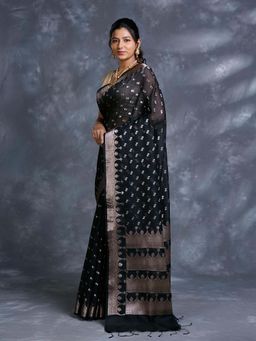Pallu Patari - Black Women Zari Woven Mulmul Cotton Saree With Unstitched Blouse