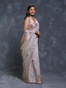 Pallu Patari - Grey Women Zari Woven Kota Tissue Saree With Unstitched Blouse