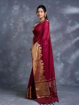 Pallu Patari - Maroon Women Woven Dupion Silk Saree With Unstitched Blouse