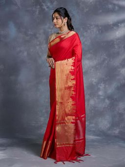 Pallu Patari - Red Women Woven Dupion Silk Saree With Unstitched Blouse