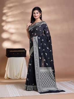 Pallu Patari - Black Women Resham Weave Mulmul Cotton Saree With Unstitched Blouse