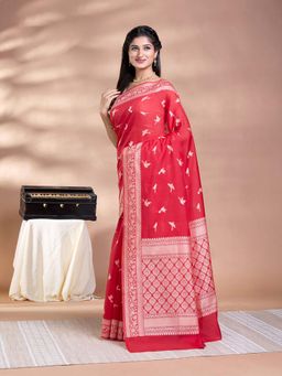 Pallu Patari - Red Women Resham Weave Mulmul Cotton Saree With Unstitched Blouse