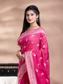 Pallu Patari - Pink Women Resham Weave Mulmul Cotton Saree With Unstitched Blouse