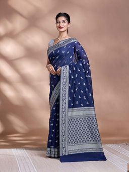 Pallu Patari - Blue Women Resham Weave Mulmul Cotton Saree With Unstitched Blouse