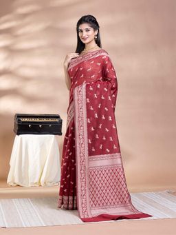 Pallu Patari - Red Women Resham Weave Mulmul Cotton Saree With Unstitched Blouse