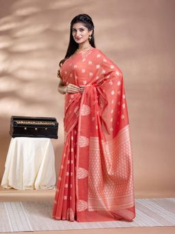 Pallu Patari - Orange Women Resham Weave Mulmul Cotton Saree With Unstitched Blouse
