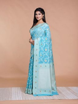 Pallu Patari - Blue Women Resham Weave Mulmul Cotton Saree With Unstitched Blouse