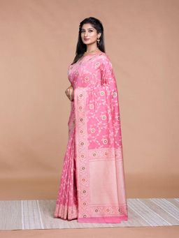Pallu Patari - Pink Women Resham Weave Mulmul Cotton Saree With Unstitched Blouse