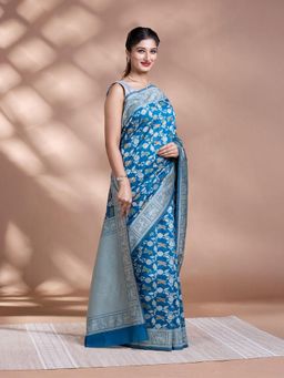 Pallu Patari - Blue Women Resham Weave Mulmul Cotton Saree With Unstitched Blouse