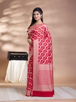 Pallu Patari - Red Women Resham Weave Mulmul Cotton Saree With Unstitched Blouse