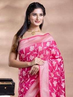 Pallu Patari - Pink Women Resham Weave Mulmul Cotton Saree With Unstitched Blouse