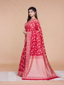 Pallu Patari - Red Women Resham Weave Mulmul Cotton Saree With Unstitched Blouse