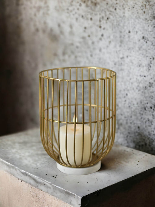 Manor House Wire Basket Pillar Candle Holder On Marble Base 9 Inches Tall