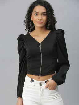 SHOWOFF - Women V-Neck Solid Black Regular Top