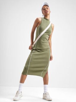 TOKYO TALKIES - Women Olive Ribbed Racer Back Fitted Midi Dress