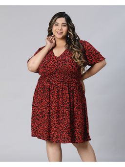Oxolloxo - Women Plus Size Red Floral Print V-Neck Short Sleeve Elasticated Knee Length Dress