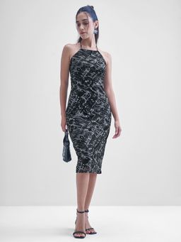 TOKYO TALKIES - Women Black Printed Sleeveless Halter Neck Midi Dress