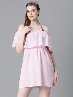 Oxolloxo - Women Pink Off-Shoulder Elasticated Beachwear Cotton Mini Dress
