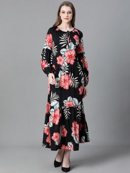 Oxolloxo - Women Black Floral Print Tie-Up Long Sleeve Long Maxi Dress