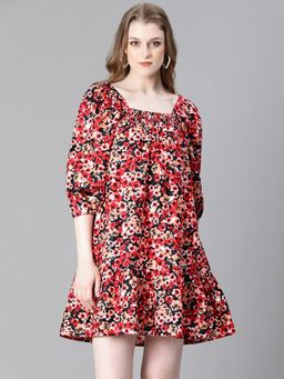Oxolloxo - Women Red Floral Print Square Neck Flared Mini Dress