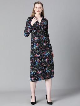 Oxolloxo - Women Floral Print Black Collared Long Sleeve Pencil Midi Dress