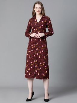 Oxolloxo - Women Floral Print Maroon Collared Long Sleeve Pencil Midi Dress